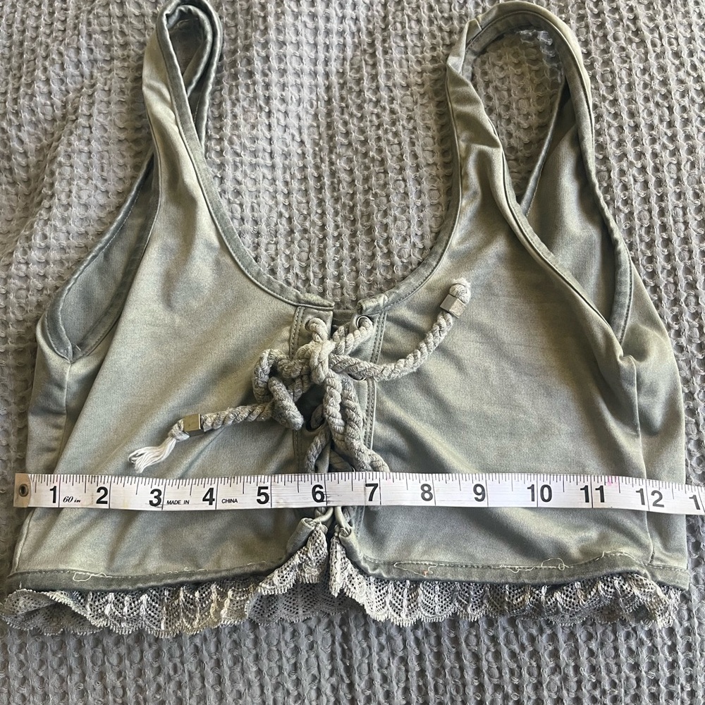 POL Distressed Olive Green Lace-Up Crop Top